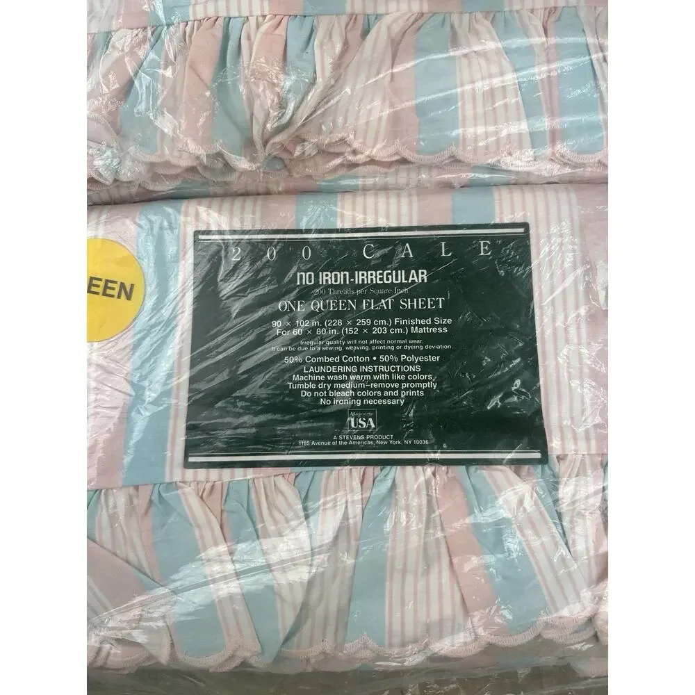 2 Vintage Cale Queen Flat Sheets Pink Blue Stripe Ruffle NOS No Iron Irregular